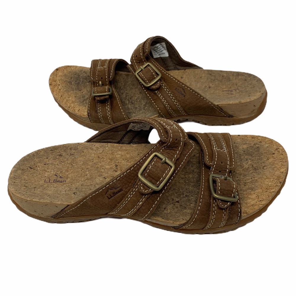 LL Bean Women's Size 7 M All-Terrain Cork Brown Leather Strappy Buckle Sandals - Picture 2 of 4